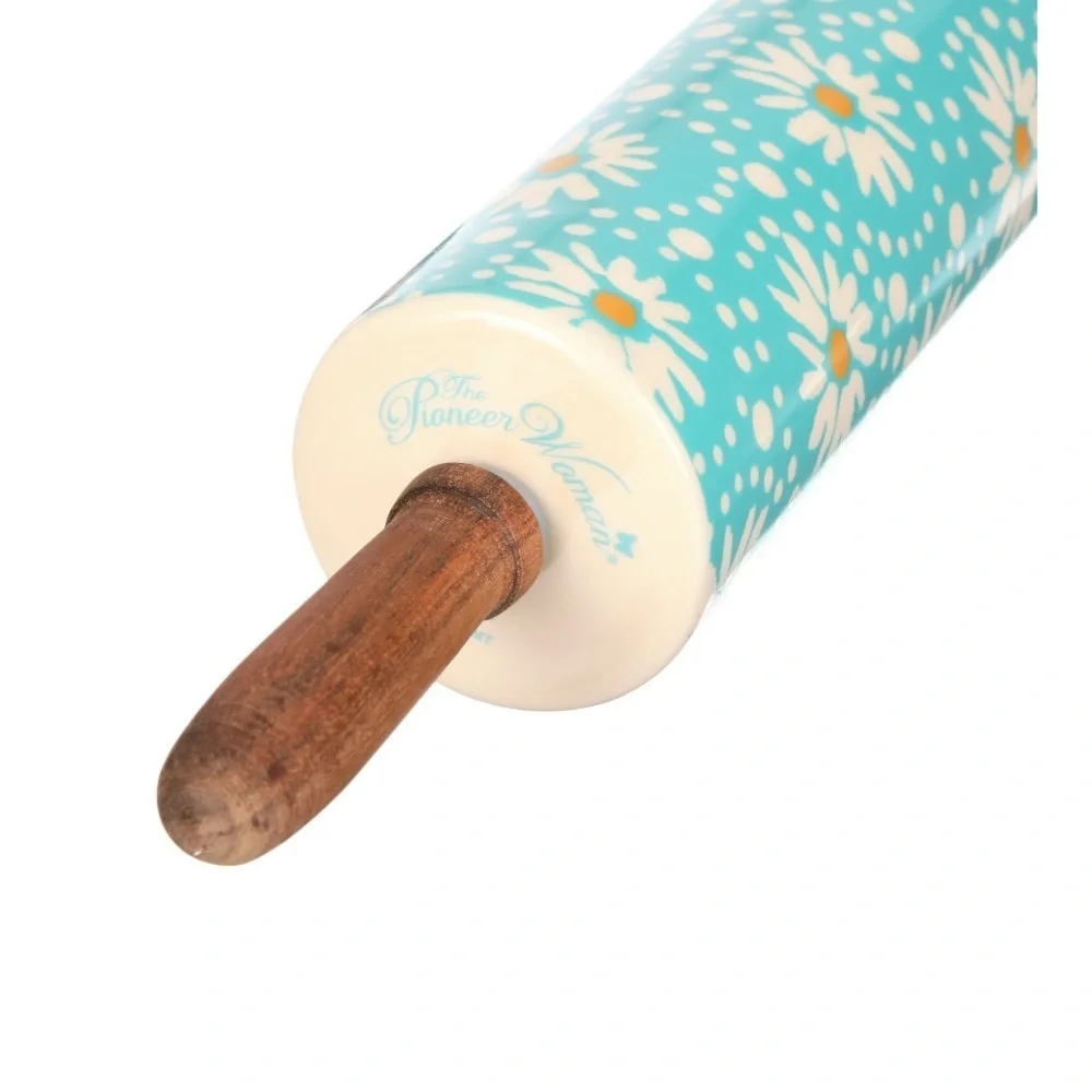 New The Pioneer Woman Blue Daisy Wood Handle Ceramic Rolling Pin